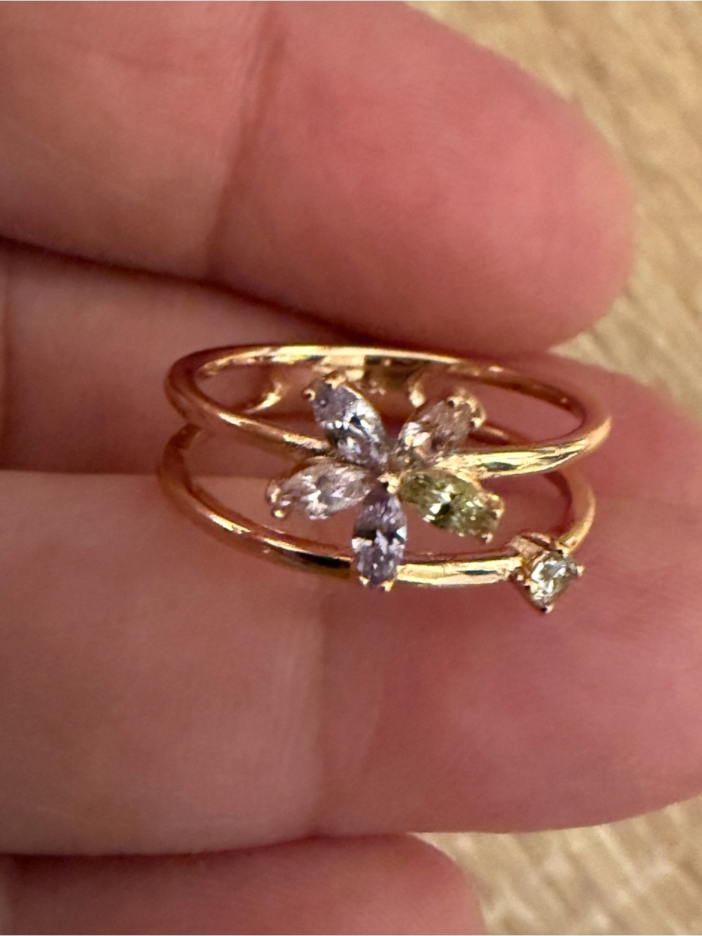 Gold Floral Multi-Stone Stackable Ring - Pink & Green